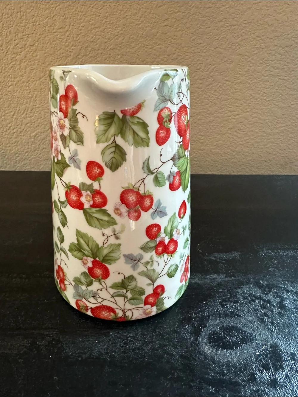 Pier 1 Grace Fine Strawberry Pattern Ceramic Pitcher in Red and Green